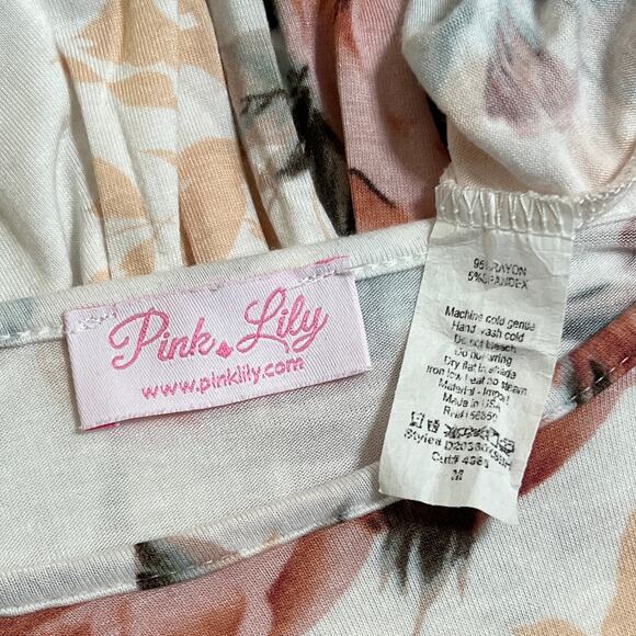 Pink Lily MEDIUM White Pink Floral Long Sleeve Scoop Round Neck Fit Flare Dress - Picture 5 of 7